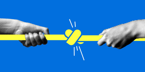 Modern collage with tug of war Modern collage with two hands tie a knot in a rope. Tug of war. Two hands pull on a rope with a knot in the middle. Strong connections concept. Successful business deal. Newspaper elements ropes tied together stock illustrations