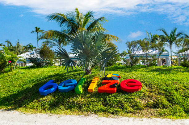 Belize sign on Harvest Caye in the Caribbean