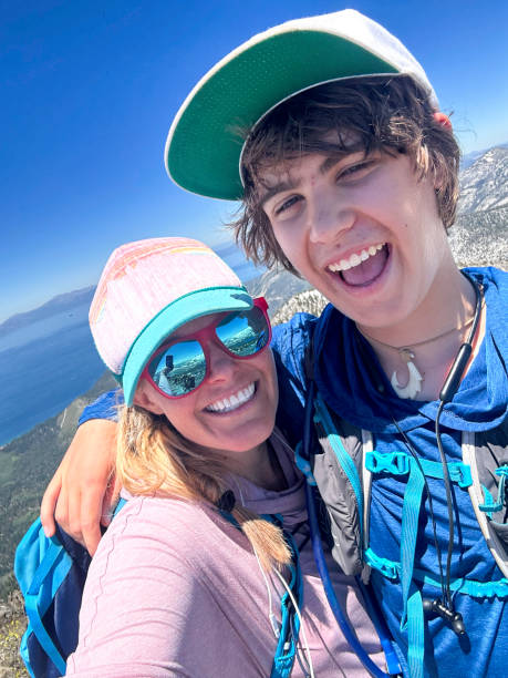 istock Mother and son selfies on mountain hike 2160485033