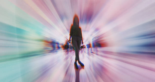 Businesswoman floating in a cube.