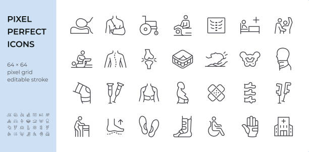 Medical Orthopedic icon set. Editable stroke weight. Pixel perfect icons. Medical Orthopedic icons set #56
Specification: 28 icons, 64×64 pх, EDITABLE stroke weight! Current stroke: 2 px.
Features: Pixel Perfect, Unicolor, Editable Weight, thin line.
First row of icons contains:
Orthopedic pillow, Hand plaster, Wheelchair, Massotherapy, Xray, Hospital Bed, Physiotherapy;
Second row contains:
Rehabilitation Exercise, Spine joint orthopedic, Joint, Orthopedic mattress, Neck massage, Pelvis, Orthopedic neck bandage;
Third row contains:
Knee Joint, Axillary Crutches, Bandage, Pregnant woman, Adhesive Bandage, Spine, Elbow crutches;
Fourth row contains:
Walker for disabled person, Flat feet, Orthopedic insoles, Foot ankle brace, Disabled Sign, Bandaged hand, Hospital.
Check out the complete Longico collection — https://www.istockphoto.com/collaboration/boards/B3ZTCOklz0OehrbTdIg_Tg spinal surgery recovery stock illustrations