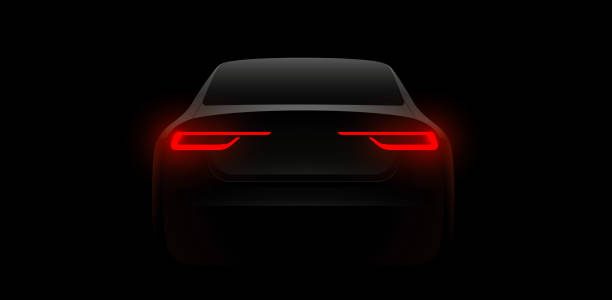 istock Back car silhouette with rear red lights on dark black background, wallpaper, banner template. Vector illustration 2160490522