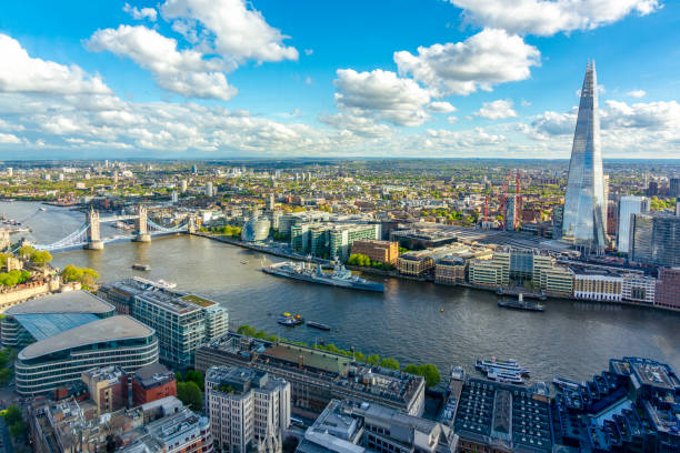 London cityscape with Shard skyscraper and Tower bridge over Thames river, UK