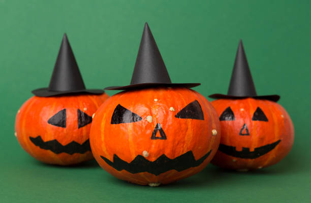 Halloween composition with jack o lanter decor on color background