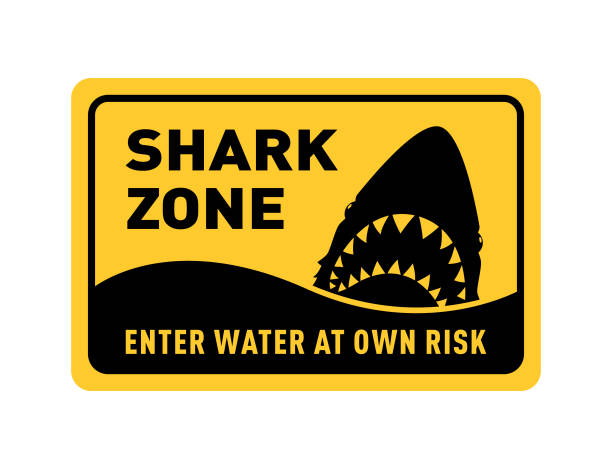 bildbanksillustrationer, clip art samt tecknat material och ikoner med shark zone warning sign with shark head - djurtand