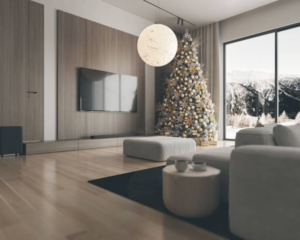 luxury and modern living room with large windows, sofa, Christmas decoration