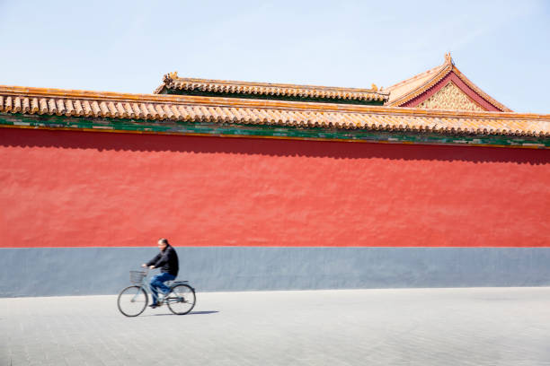 istock Man rides bicycle in front of wall 2160503127