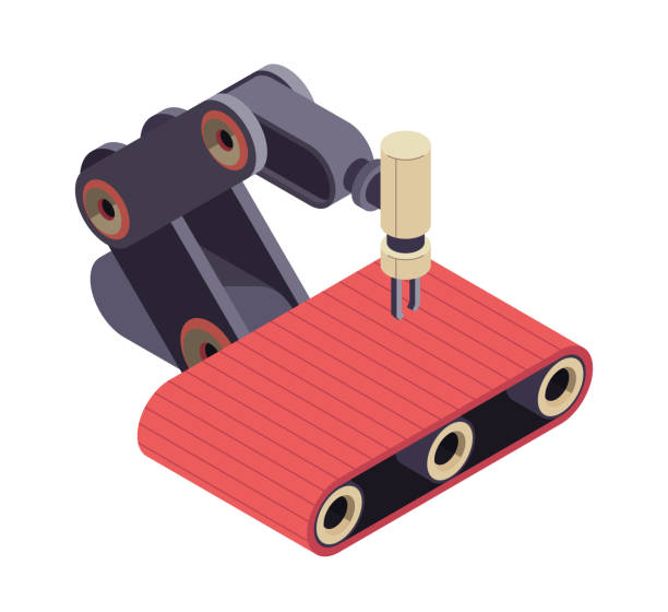 Isometric industrial machinery. Icon with automated robotic arm and conveyor belt for production and manufacturing. Modern equipment for factory. 3D vector illustration Isometric industrial machinery. Icon with automated robotic arm and conveyor belt for production and manufacturing. Modern equipment for factory. 3D vector illustration isolated on white background robot-hand-reaching stock illustrations