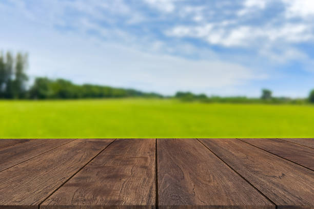 istock Empty old wooden table with green nature background. 2160507890
