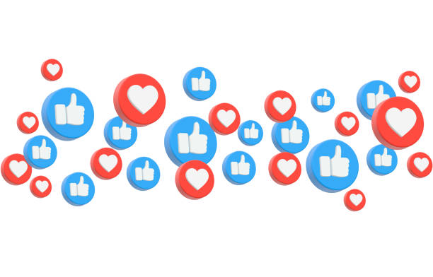 illustrazioni stock, clip art, cartoni animati e icone di tendenza di emoji di comunicazione sui social media 3d pollice in su mi piace e icone di cuori sfondo - piacere