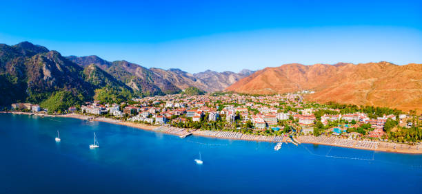 Icmeler city beach aerial panoramic view. Icmeler is a town near Marmaris city in Mugla Province, Turkey.