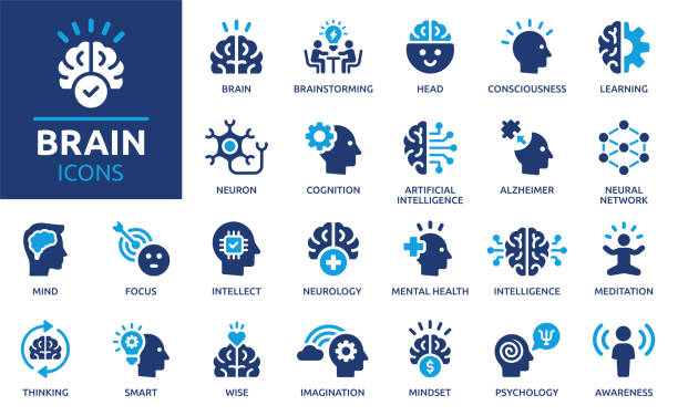Brain icon set. Solid vector icons collection. Containing mind, brainstorming, head, neuron, cognition, thinking, intelligence and more. artificial intelligence icon stock illustrations