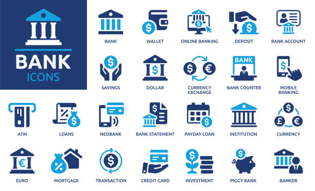 sada ikon banky. solidní vektorové ikony kolekce. - banka finanční úřade stock ilustrace
