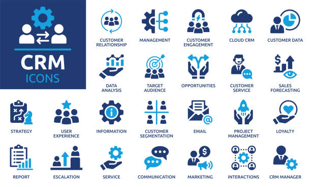 Customer relationship management CRM icon set. Solid vector icons collection. Containing marketing, data, report, strategy, manager, audience and more. data icons solid stock illustrations