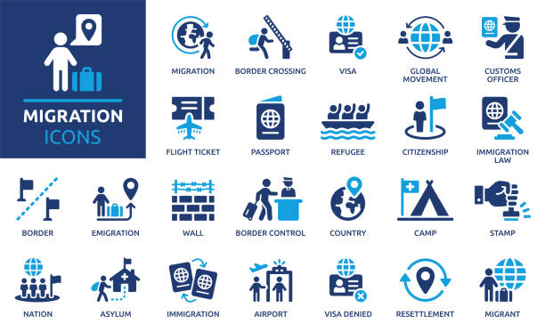 Migration icon set. Solid vector icons collection. Containing visa, passport, border, migrant, customs officer, country, immigration and more. customs stock illustrations