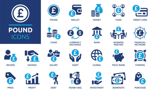 Pound British currency icon set. Solid vector icons collection. Containing wallet, coins, GBP, fund, banknote, financial, bank, salary and more. british currency stock illustrations