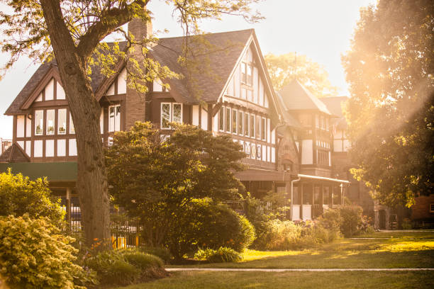New York City, USA - August 26, 2023: Suburban house residential cottage architecture property in neighborhood.
