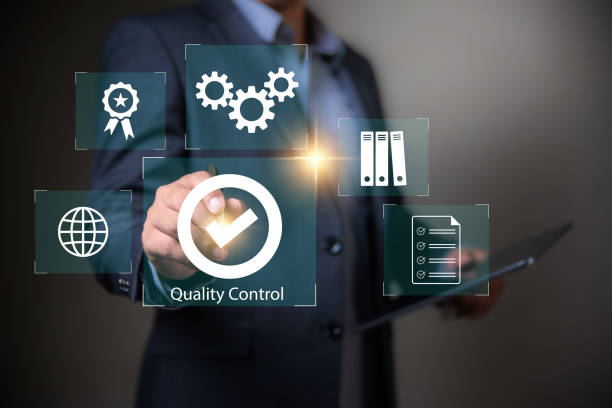 istock Product Quality control concept, Mnn using laptop with check mark symbol represents the standard quality control. 2160526979