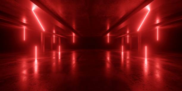 istock Cyber Retro Sci Fi Futuristic Neon Glowing Deep Red Vibrant Glowing Ceiling Lights Barn Warehouse Metal Cement Night Studio Hangar 3D Rendering 2160527478