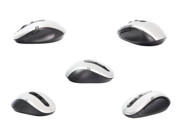 Five-view set of a black and white computer mouse, displayed with isolated on white background for versatile use.