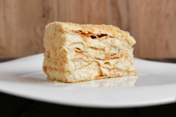 istock Piece of Napoleon cake on a plate 2160536032