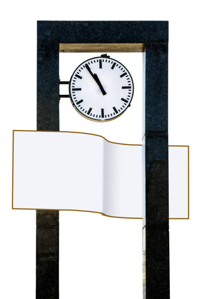 Round outdoor clock on white background in rectangular dark frame isolated with place for text