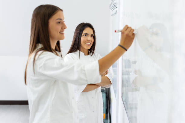 istock Two professionals writing on a whiteboard in a lab. 2160537386
