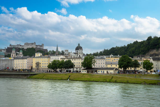 Salzburg, Austria. June 30, 2024.  panorama of the city with the Salzach river in the foreground