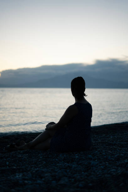 istock Woman silhouette watching the view on the beach 2160544032