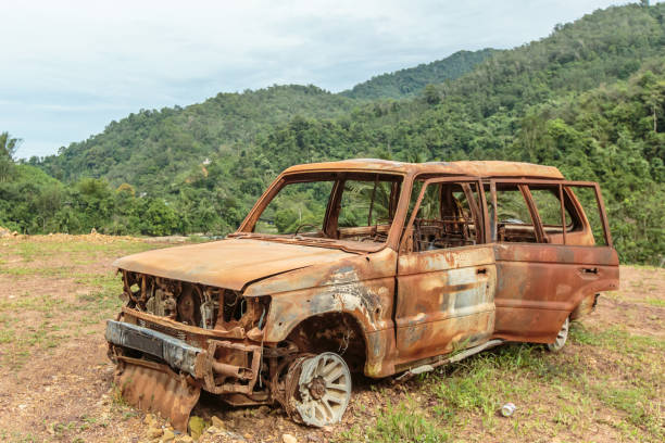 istock Burned car, burned-out car body 2160546197