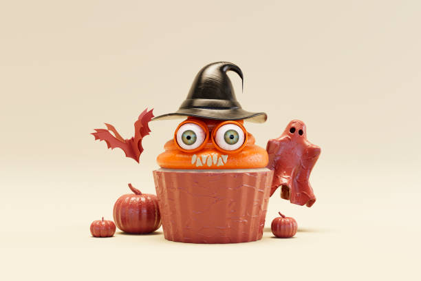 Halloween cupcake with scary eyes, teeth and witch's hat. Digitally generated image. 3d render.