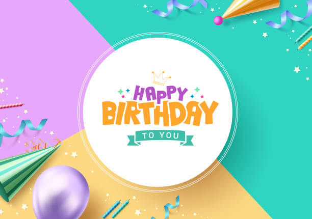 istock Happy birthday greeting vector template design. Birthday greeting text in white circle space with party hat, candles, balloon 2160548294