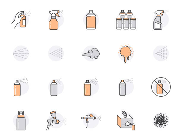 Spray can flat line icons set. Hand with aerosol, airbrush, powder coating, graffiti art, cough effect vector illustrations. Thin signs for disinfection, cleaning. Orange color. Editable Strokes Spray can flat line icons set. Hand with aerosol, airbrush, powder coating, graffiti art, cough effect vector illustrations. Thin signs for disinfection, cleaning. Orange color. Editable Strokes. spray bottle stock illustrations