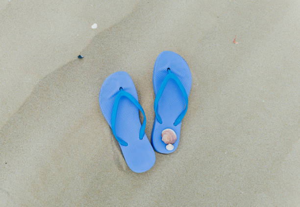Women's rubber flip-flops stand on beautiful sand. The concept of recreation in hot countries.