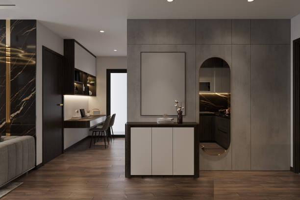 istock Elevated with Wall Texture, Mirror, Shoe Cabinet in Modern Entry Space 2160552278