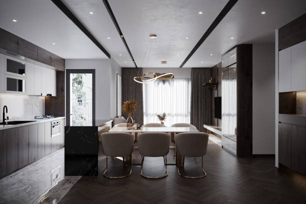 istock Exclusive Dining Set up and Classic Chandelier View From Open Kitchen 2160552411
