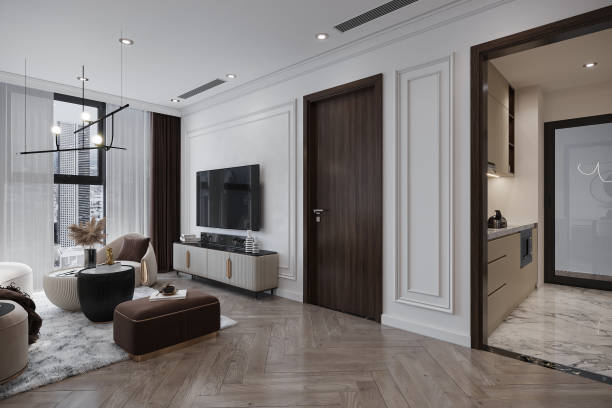 istock 3D View From Smart Living Space, Kitchen where placement Functional Furniture 2160552469