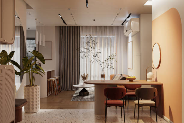istock Minimalism Dining Interior Design With Proper Lighting, Chic Furniture, and Natural Theme 2160552544
