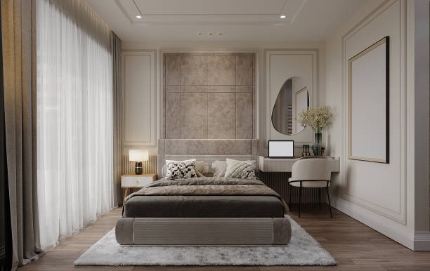 istock Scandinavian Bedroom Where Big Window, Smart Choice and Functional Stuff, Wall Texture, Mirror, 3D rendering 2160552671