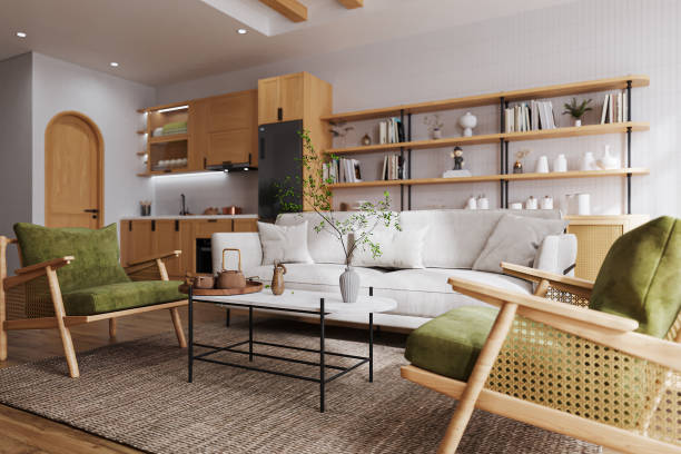 A white sofa on living room interior design modern and smart living ideas 3D rendering
