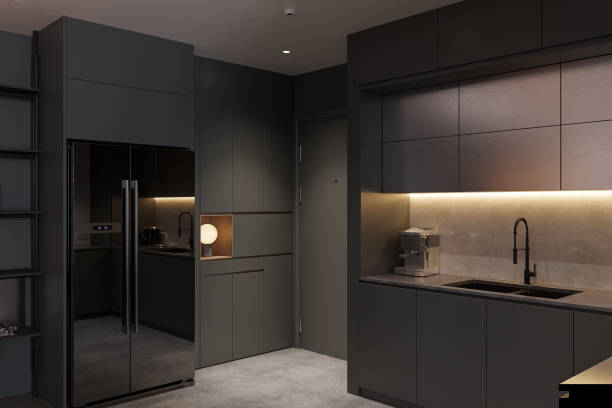 istock Black Cupboard, Fridge, Water Tap , LED Light, 3D rendering For Open Kitchen Interior 2160552850