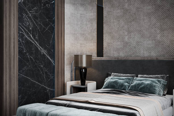 istock Black, Wooden, and Texture For Wall Background, Comfy and Exclusive Bed With Conner Table and Lamp Placement In Interior Design, 3D Rendering 2160552852