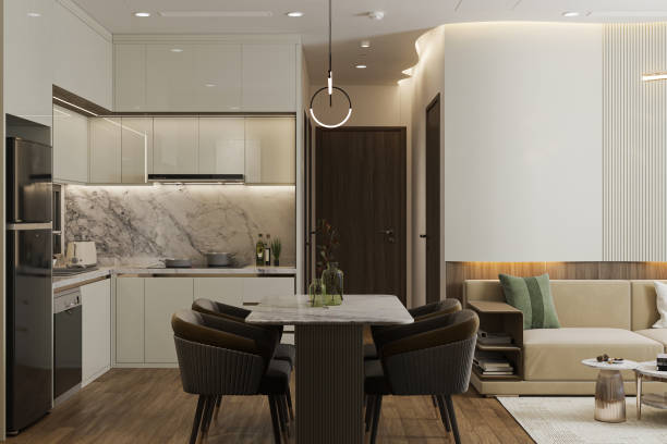 istock Coffee Leather Dining Chairs, White table, White and Wooden Decor For Stylish open Kitchen 2160552881