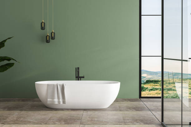 istock Modern luxury bathroom interior with bathtub, interior plants, bathroom accessories, concrete, green wall. 2160552969