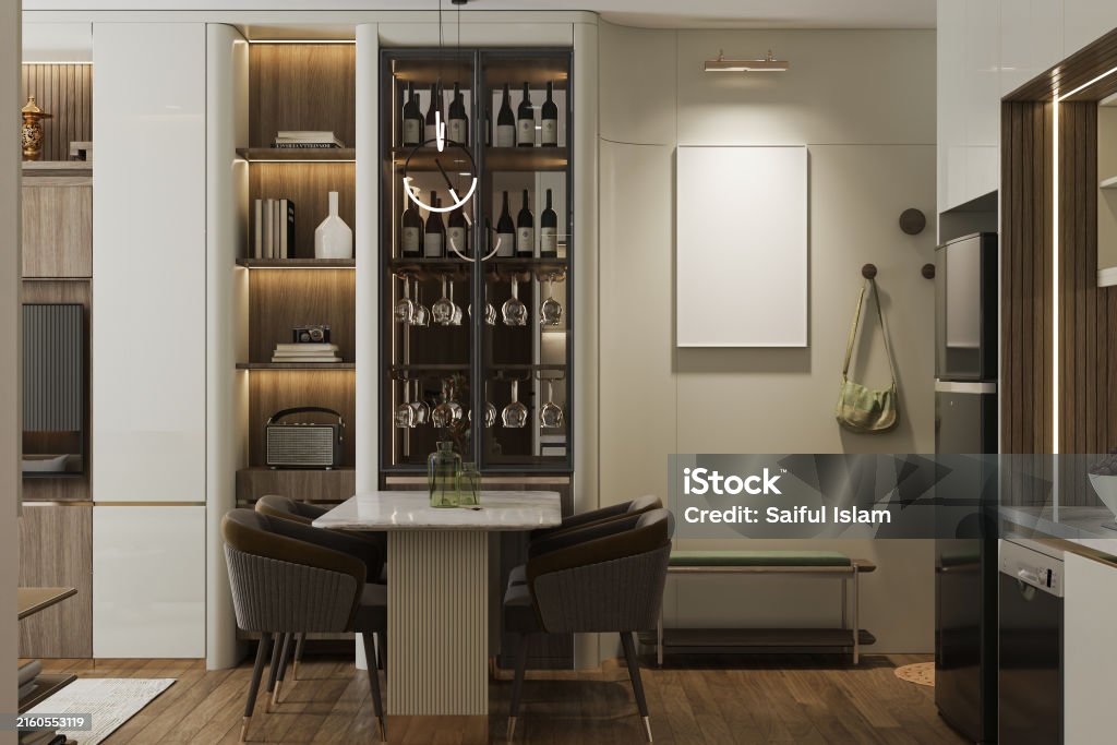 Tiny Wall Home Bar Interior Into Dining Space Wall Mock Up Frame Wooden ...