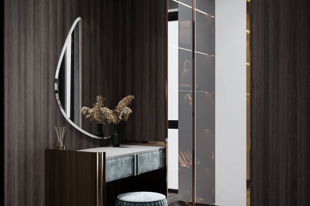 istock Vanity Table,Wooden Wall texture Background,  Stylish Wall Mirror, Dried Flowers on the table, Almira Interior For a Empty Space 2160553154
