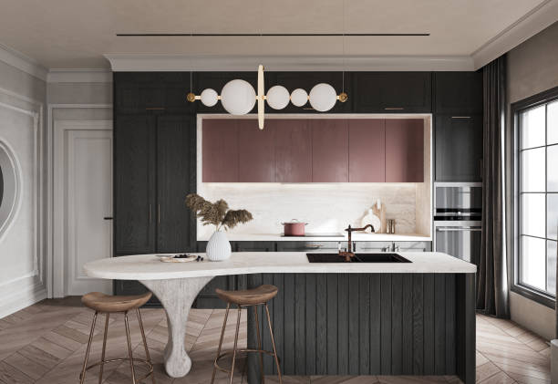 istock Dark Black, Pinkish, and white Decor Into Modern Style Open Kitchen 2160553192