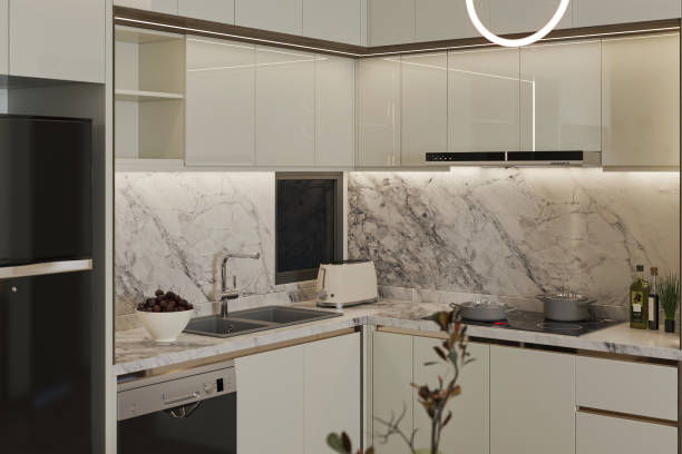 istock White Cabinet Placement Into Stylish Kitchen, Crockery, Utensils, Ceiling LED Light 2160553269