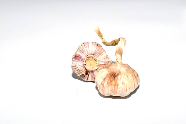 Fresh garlic heads on a well-used plastic cutting board, marked with knife cuts, showcasing a rustic kitchen vibe. Perfect for culinary and food-related themes.