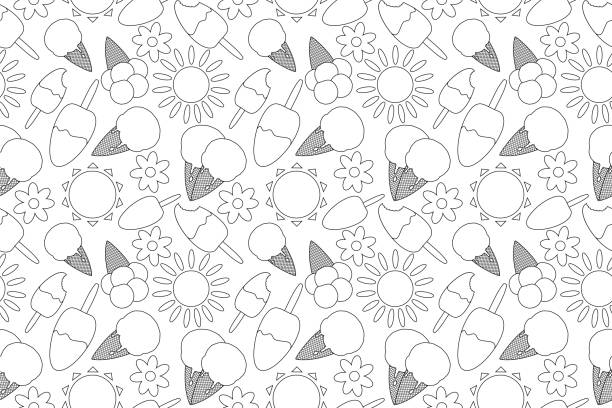 Ice Cream Summer Coloring Page Fun and detailed coloring page featuring ice cream cones, sun, and flowers. Perfect for kids and adults to enjoy a summer-themed activity. frozen coloring pages stock illustrations